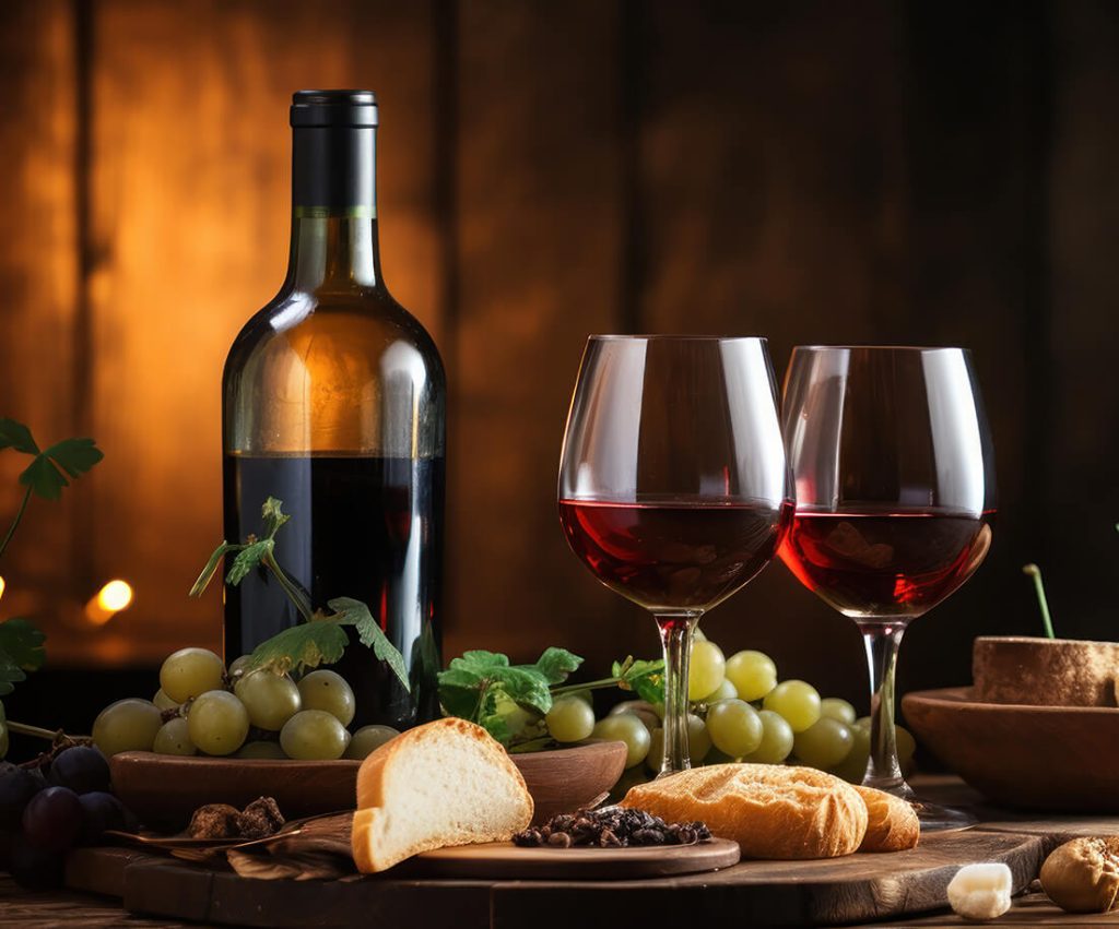 wine bottle and two glasses beside grapes and cheese on a wooden table